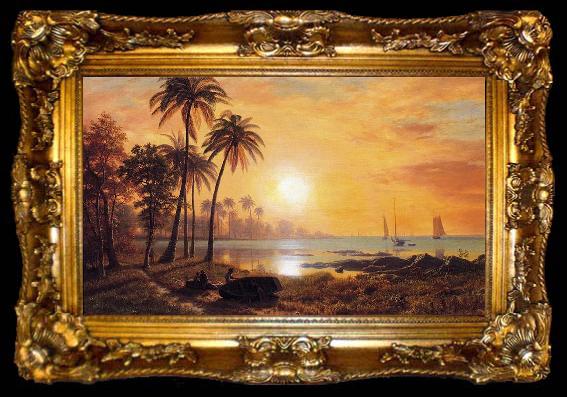 framed  Albert Bierstadt Tropical Landscape with Fishing Boats in Bay, ta009-2